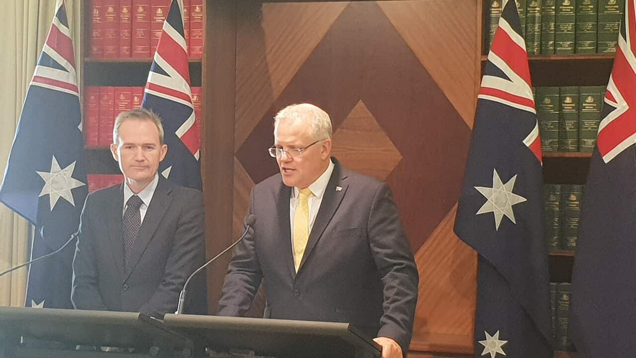 Minister for Immigration, Citizenship and Multicultural Affairs David Coleman (L) and Prime Minister Scott Morrison (R) attended press conference in Melbourne.