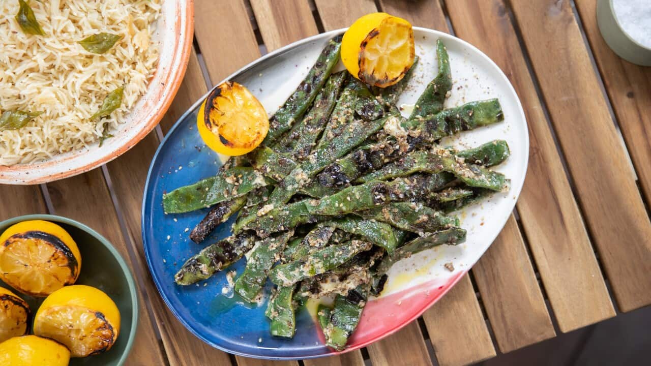 Charred flat beans, Tourm, za-atar & lemon on a colourful Summer plate