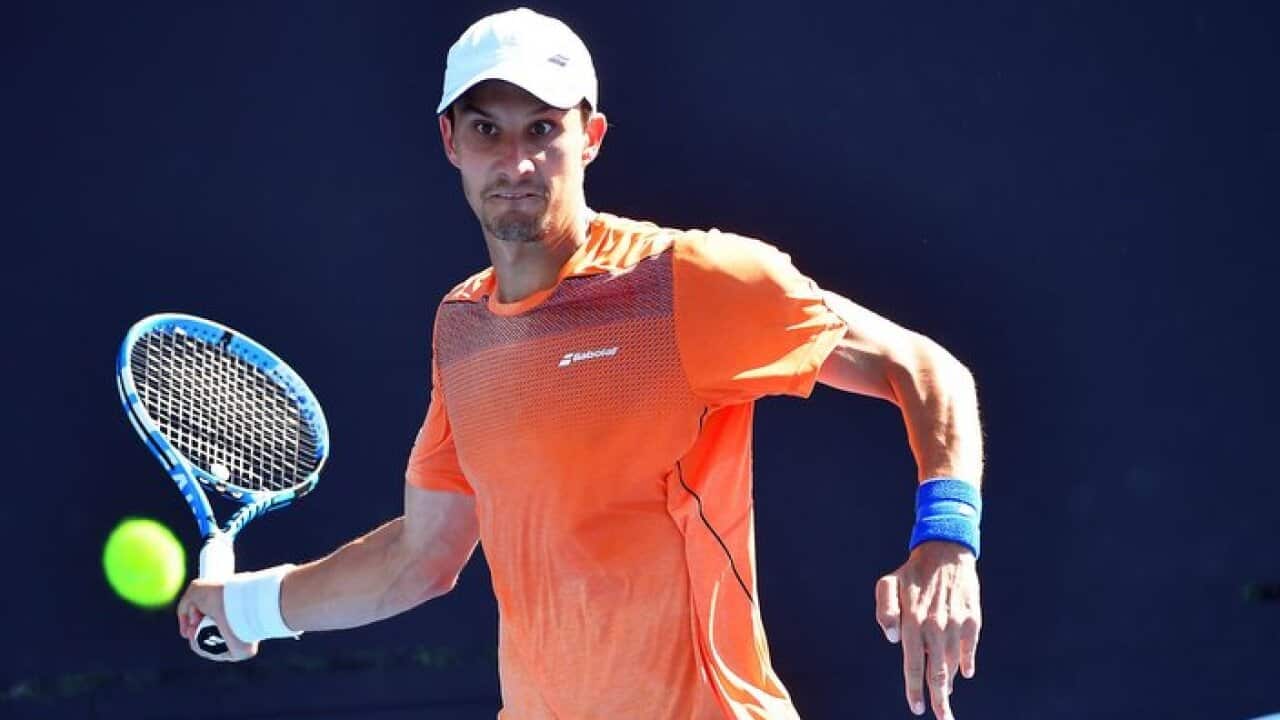 Evgeny Donskoy of Russia in action during his second round match against Fabio Fognini of Italy at the Australian Open Grand Slam tennis tournament in Melbourne, Australia, 18 January 2018. EPA/STF