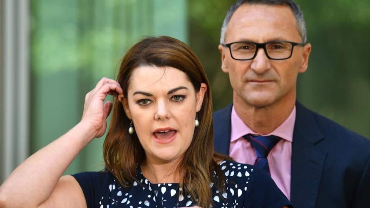 Senator Sarah Hanson-Young speaks to media with Richard Di Natale.