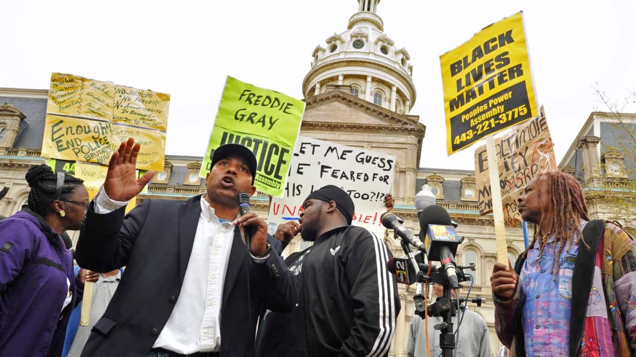 File photo: Edward Brown speaks at a protest outside City Hall about Freddie Gray in Baltimore, Monday, April 20, 2015