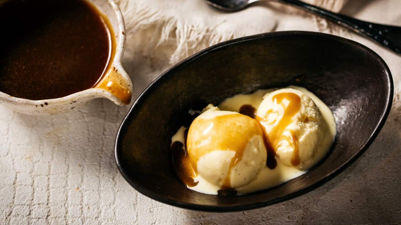 Wasabi-scented butterscotch sauce with anglaise and ice cream