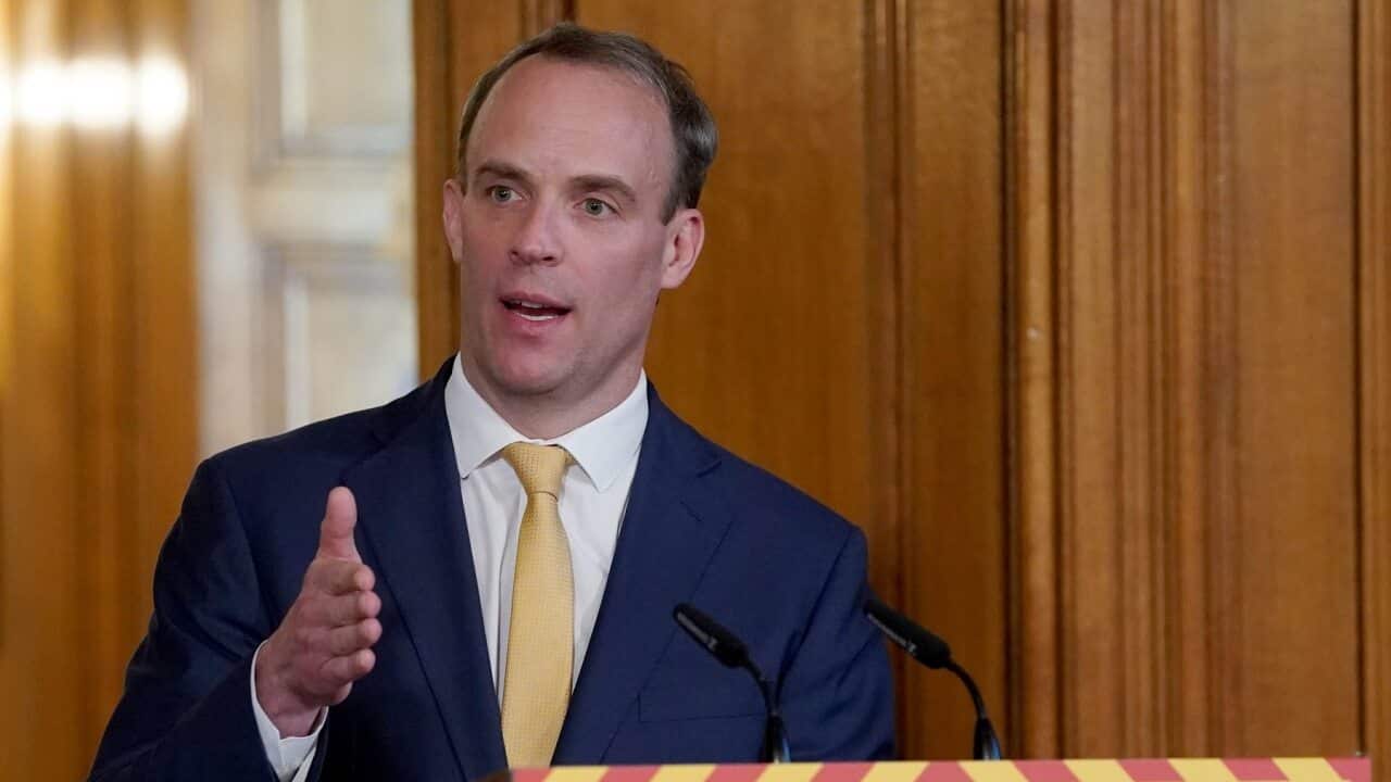 UK Foreign Secretary Dominic Raab during a media briefing in Downing Street.