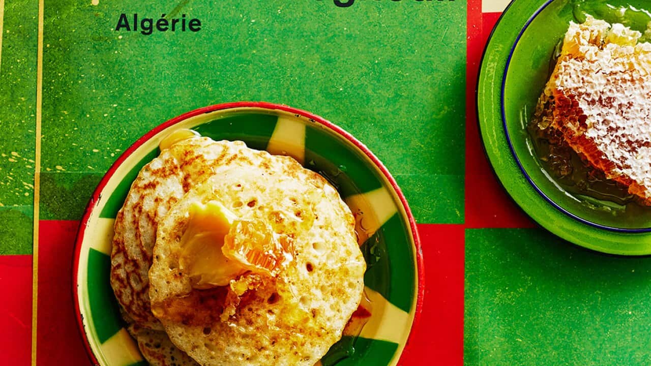 Semolina pancakes with honey and honeycomb