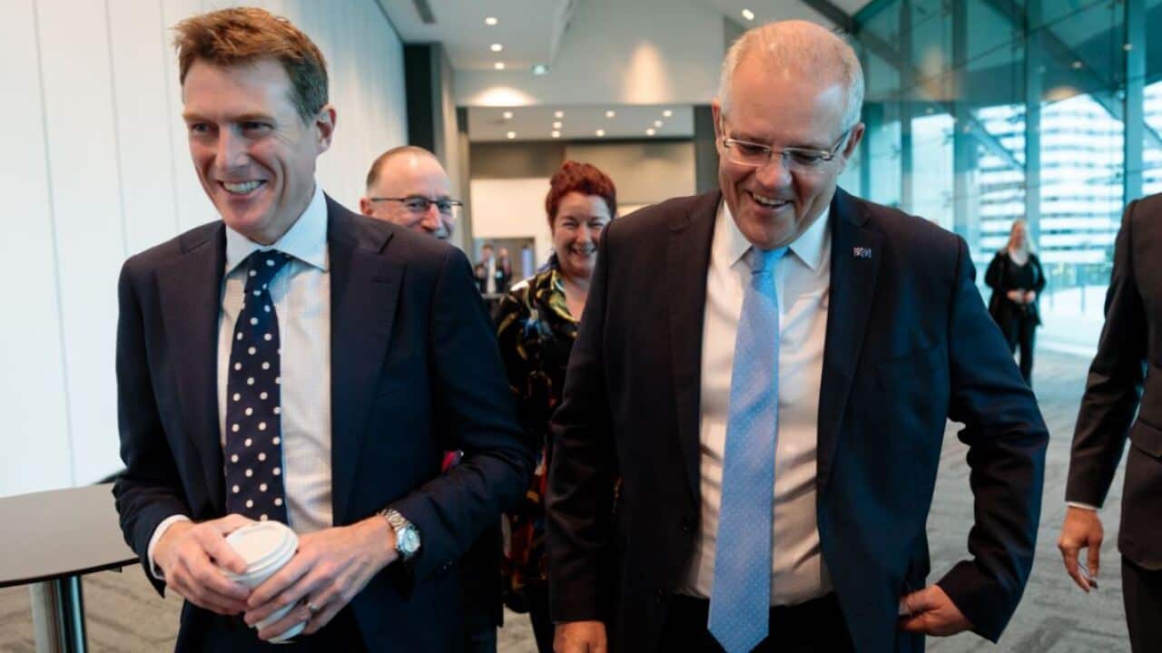 Prime Minister Scott Morrison with Attorney-General Christian Porter before a Chamber of Commerce and Industry WA 