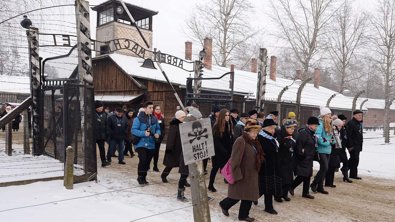Former prisoners arrive for the ceremony marking the 74th anniversary of the liberation of KL Auschwitz-Birkenau, in Oswiecim, Poland.