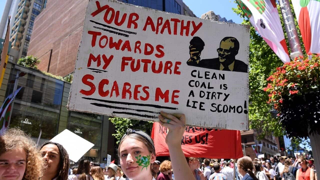 Saskia Cook-Knowles of Port Kembla High School holds a placard as thousands of students rally demanding action on climate change, in Sydney, Friday, November 30, 2018.