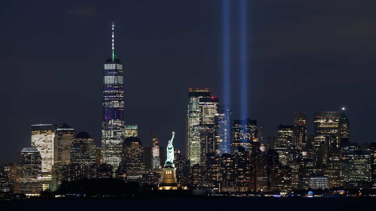The annual Triibute in Light is illuminated on the skyline of lower Manhattan on the eve of the 18th anniversary of the 9/11 attacks in New York City.
