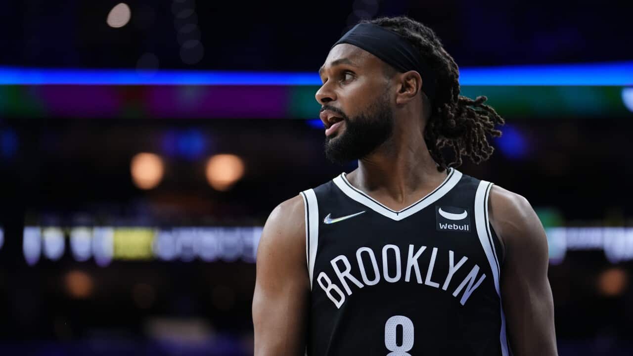 Brooklyn Nets' Patty Mills plays during a preseason NBA basketball game, Monday, Oct. 11, 2021, in Philadelphia. (AP Photo/Matt Slocum)