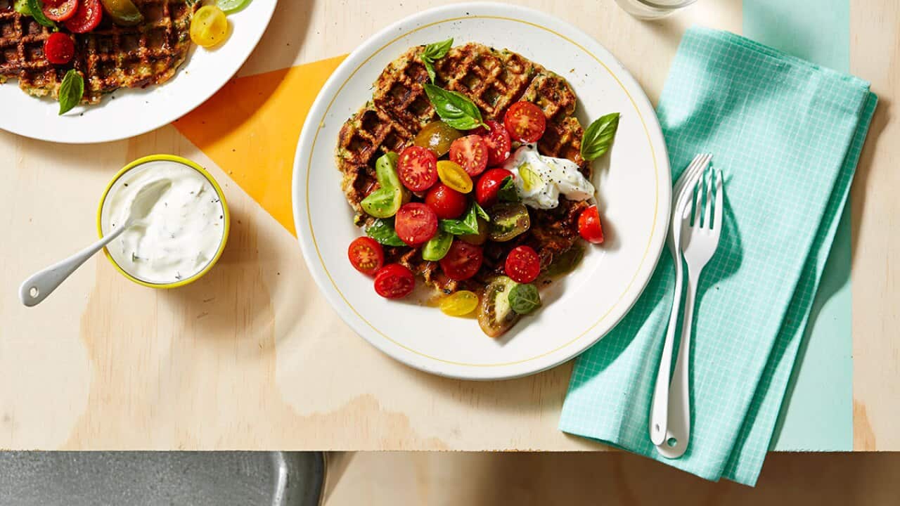 Zucchini waffles with cherry tomato salsa and dill yoghurt