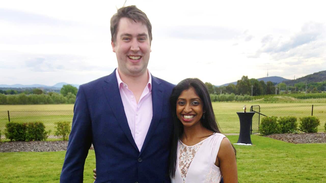 Ahalya Krishinan with her husband Ryan Brown