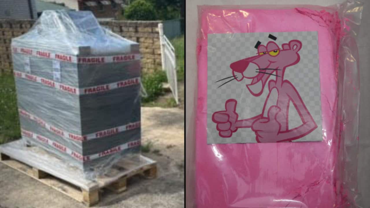 Two images side to side. One is a seized shipping container, the other is the packaging for 'pink cocaine' featuring the Pink Panther character