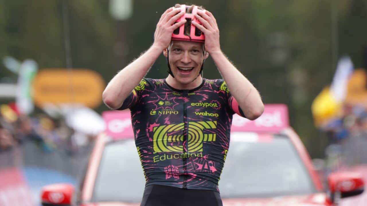 Georg Steinhauser of EF Education-EasyPost reacts after winning Stage 17 of the 2024 Giro d'Italia.