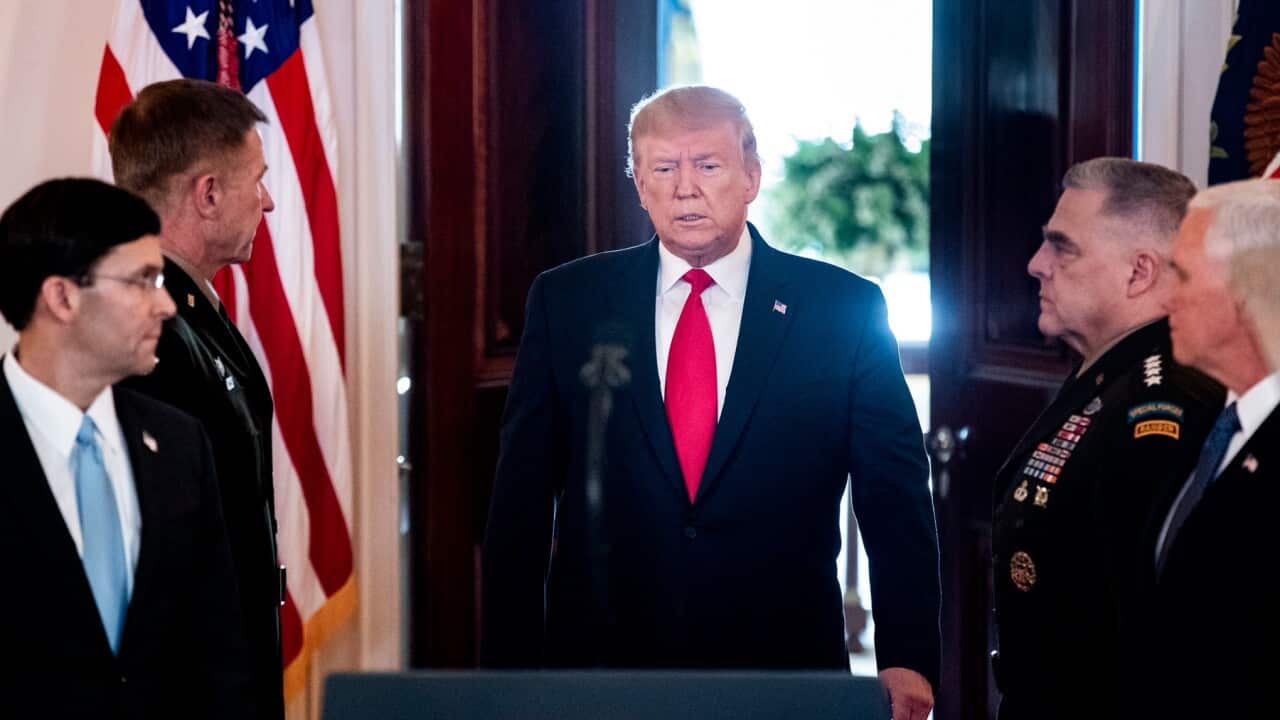 US President Donald J Trump arrives to deliver a statement on the US response to Iranian missile strikes