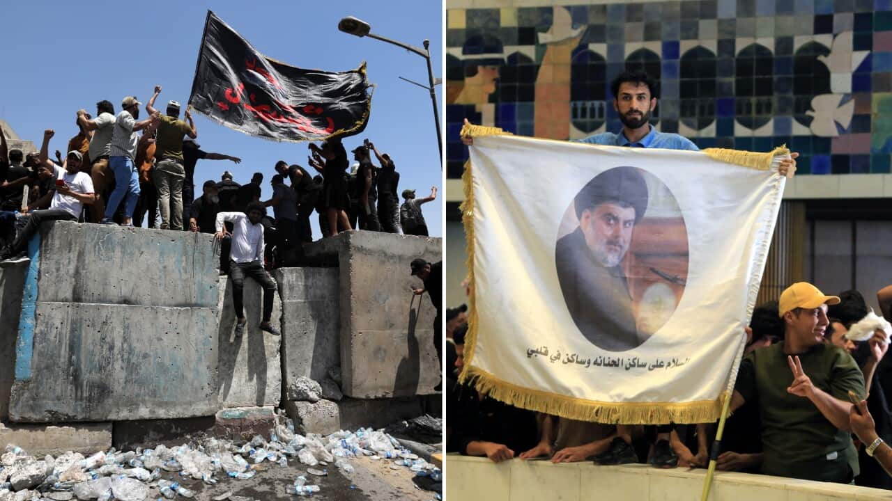 Thousands of Sadr supporters storm the Green Zone and the parliament building.
