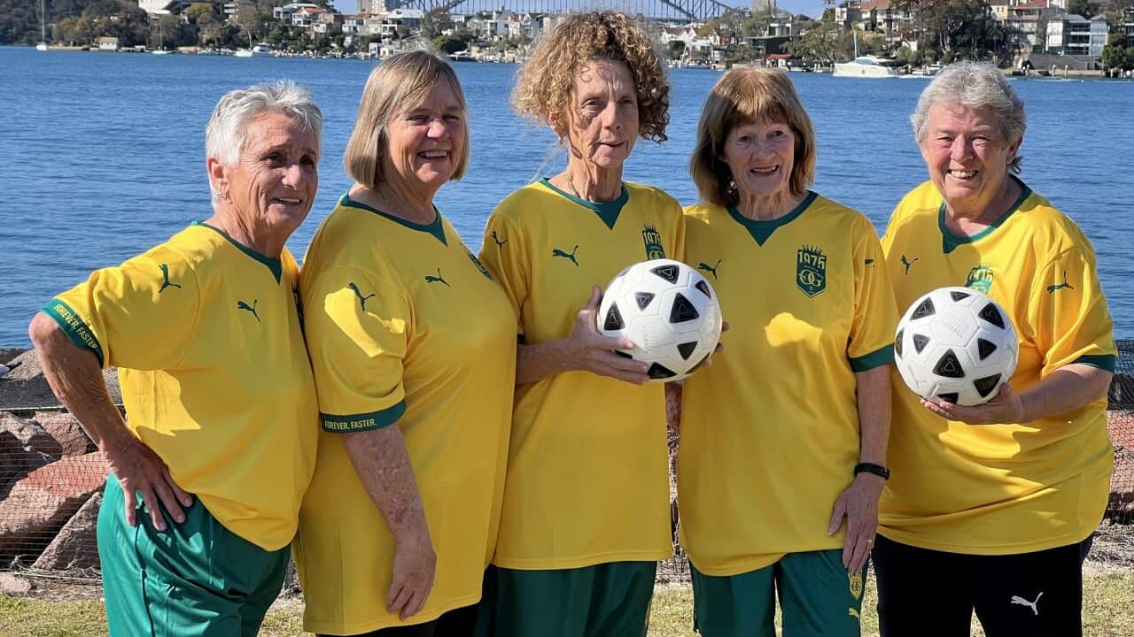 Members of the 1975 Australian women’s football team prepare for a friendly at cockatoo island Sydney. (SBS).jpg