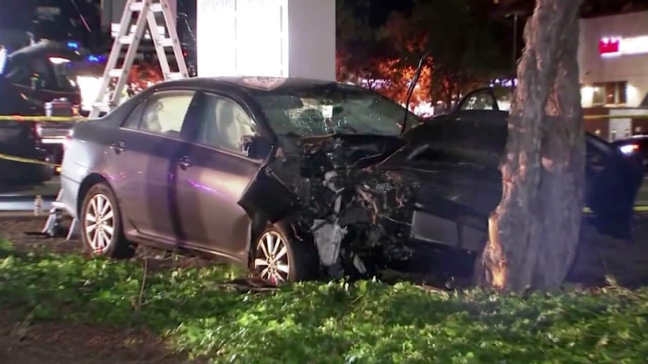 image from video shows the scene of a car crash where several pedestrians were struck and injured in Sunnyvale, Calif.