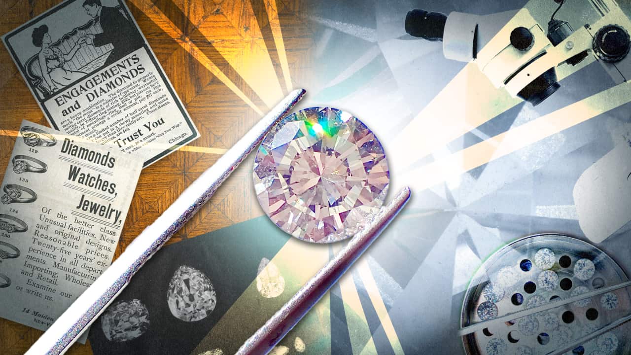 A diamond held in a pair of tweezers, surrounded by a halo of light. In the background, there are old-fashioned diamond ads and lab equipment.