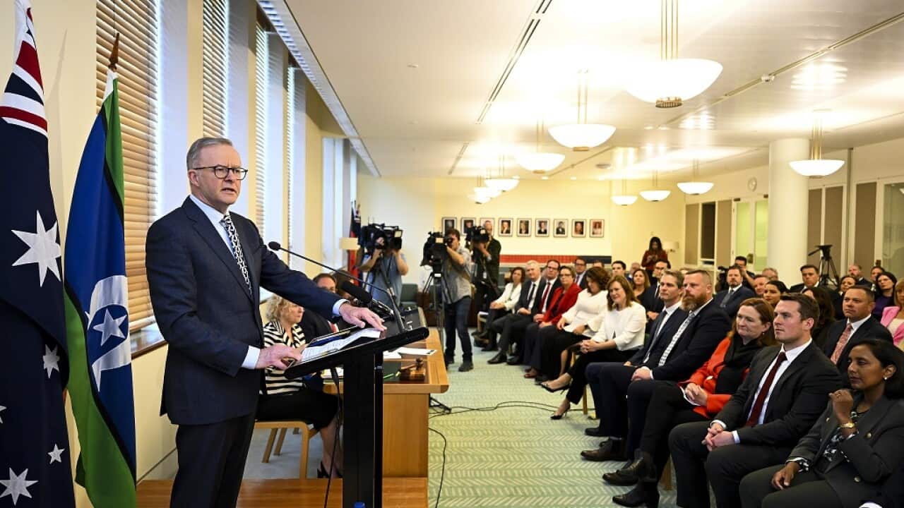 Australian Prime Minister Anthony Albanese addresses fellow Labor colleagues during a Labor Party Caucus at Parliament House in Canberra, Tuesday, May 31, 2022. (AAP Image/Lukas Coch) NO ARCHIVING