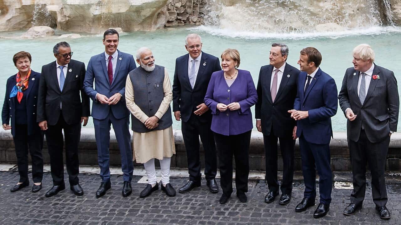 G20 leaders including Scott Morrison (centre) at Rome's Trevi Fountain
