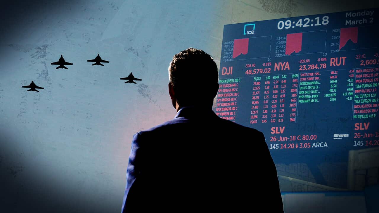 A graphic of stock market panel and fighter jets