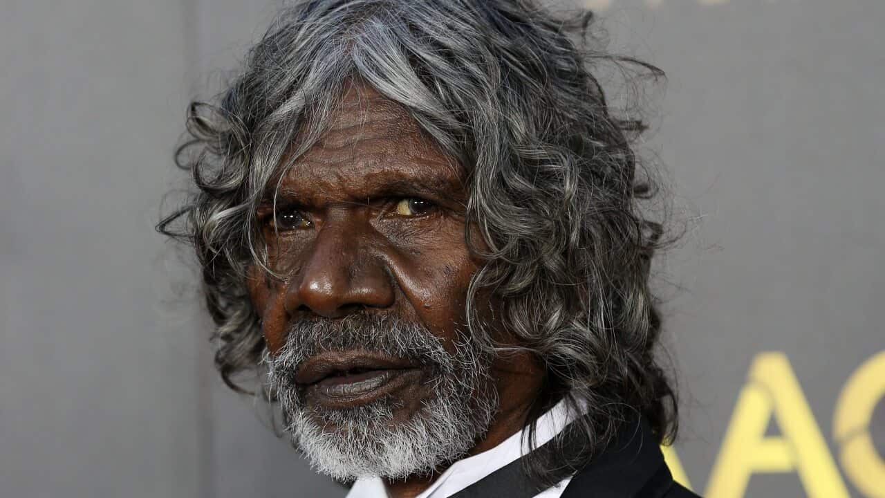 David Gulpilil on the red carpet at the 2015 AFI AACTA Awards at the Star in Sydney, Thursday, Jan. 29, 2015. (AAP Image/Nikki Short) NO ARCHIVING