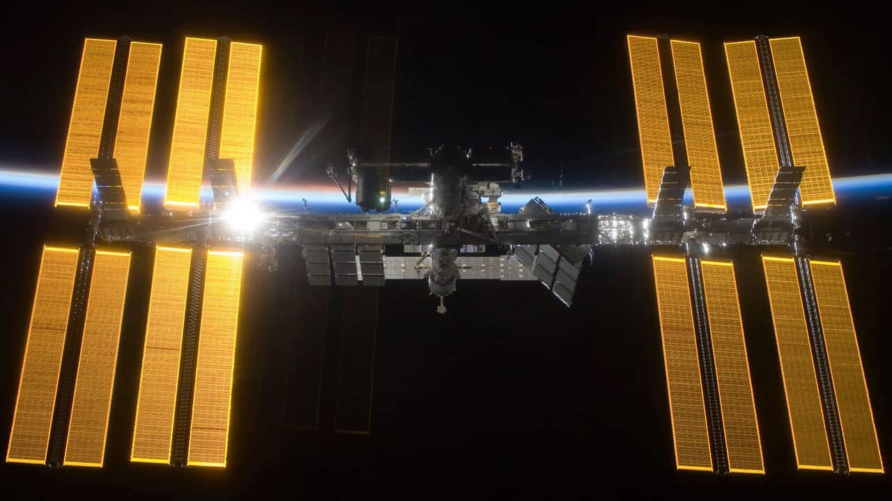 The International Space Station seen from the Space Shuttle Discovery.