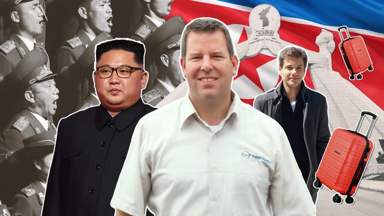 A composite image three men. On the left is current North Korean leader Kim Jong-un. In the centre and right are two men who run tours to North Korea. In the background is a black-and-white photo of Korean military officials singing.
