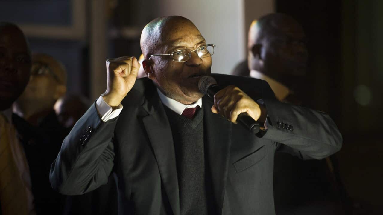 (File Image) Jacob Zuma addresses supporters outside parliament on August 8, 2017.