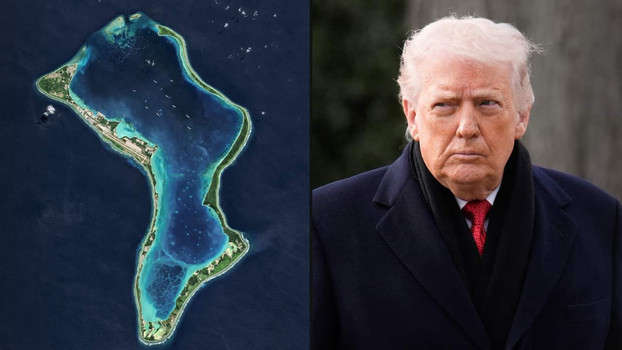 A composite of two images. On the left, a satellite image of an island. On the right, a picture of Donald Trump frowning and looking to the left.