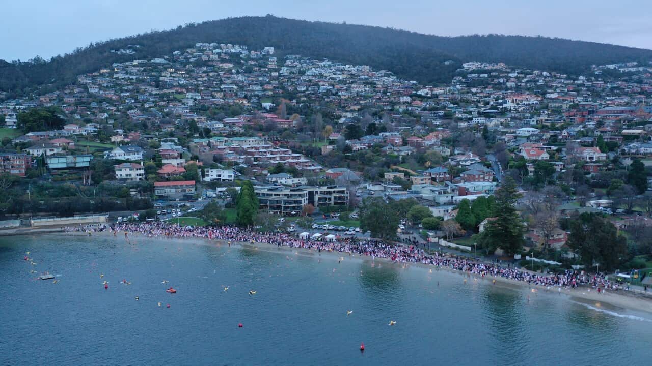 An aerial shot of Long Beach, Hobart.