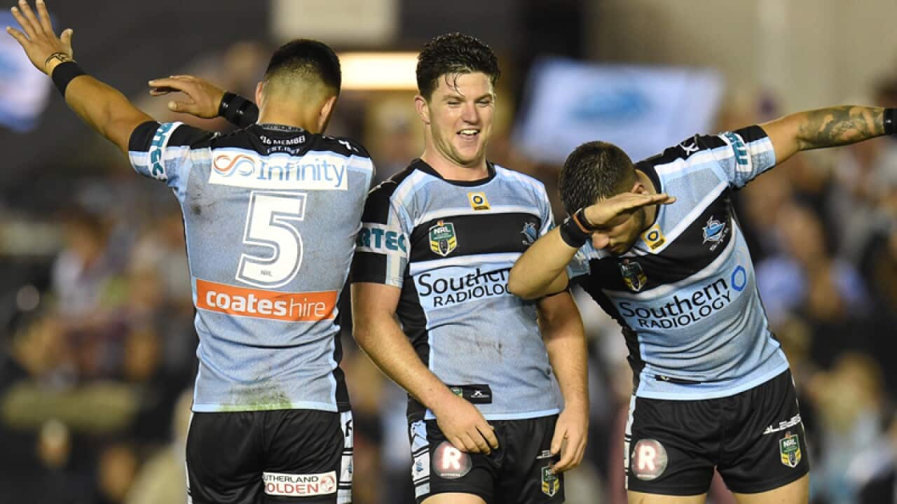 Valentine Holmes, Chad Townsend and Jack Bird of the Sharks