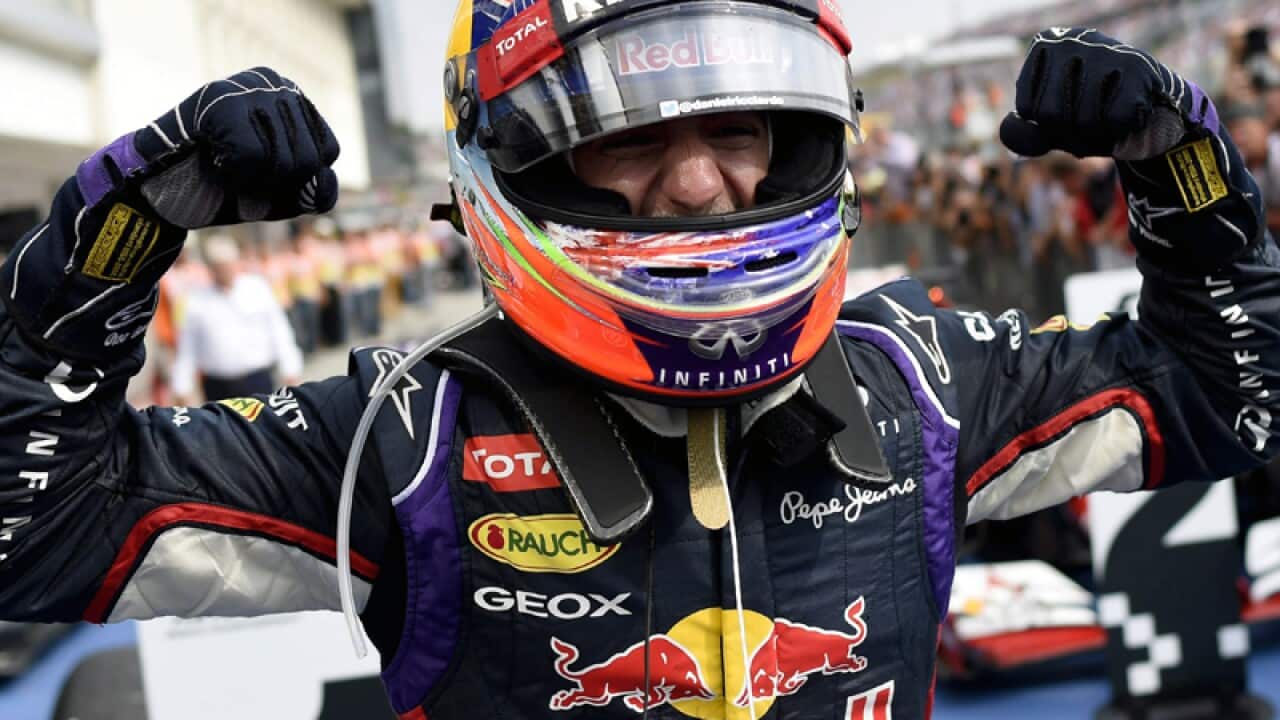 Daniel Ricciardo celebrates winning the Hungarian Grand Prix