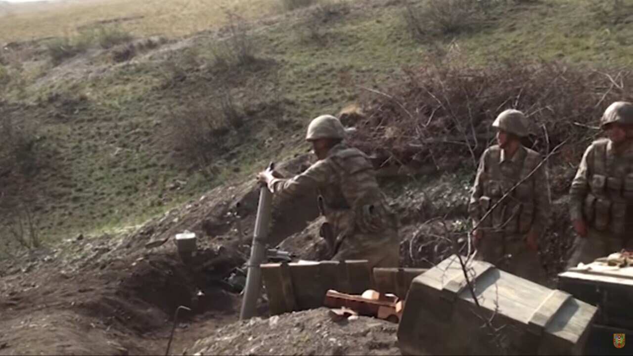 Azerbaijani soldiers during a military operation at the contact line with Nagorno-Karabakh