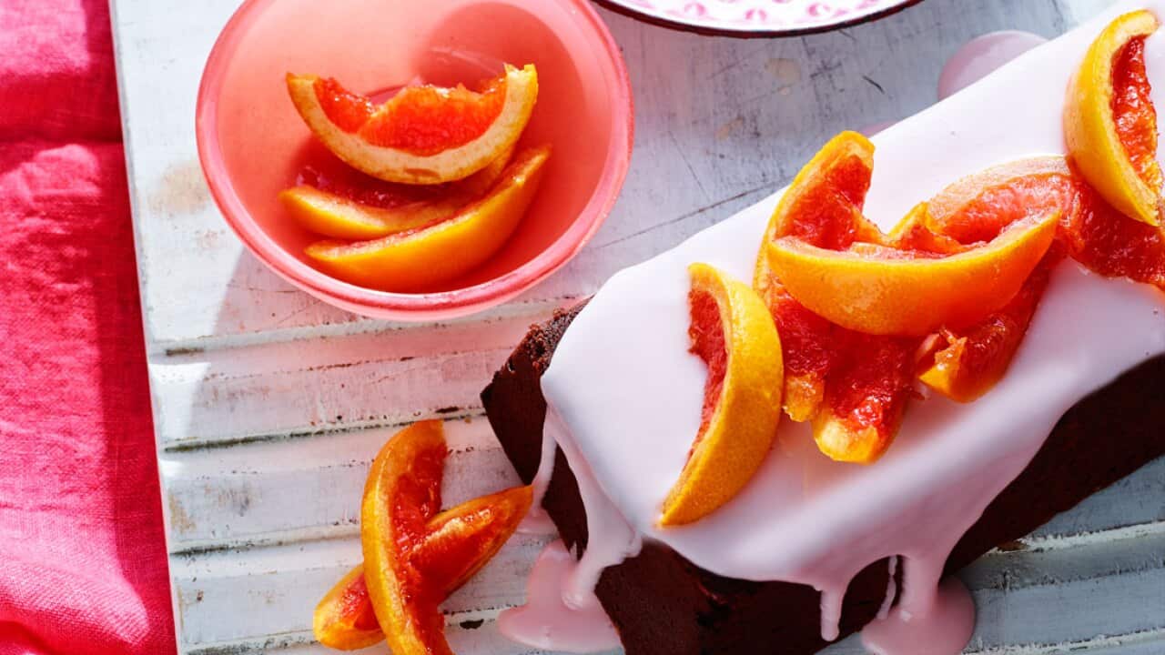 Chocolate cake with ruby grapefruit glaze