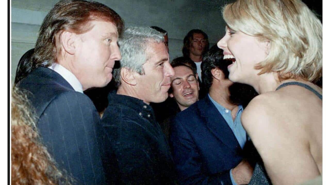 In an undated photo, Donald Trump stands beside Jeffrey Epstein and an unidentifed blonde woman
