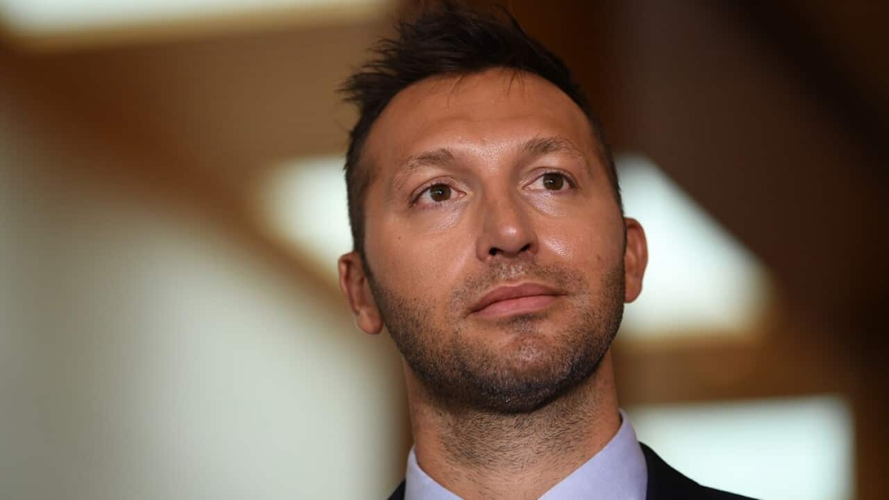 Australian Olympic champion Ian Thorpe speaks to the media during a press conference with members of the Equality campaign at Parliament House in Canberra, Thursday, October 26, 2017. (AAP Image/Lukas Coch) NO ARCHIVING