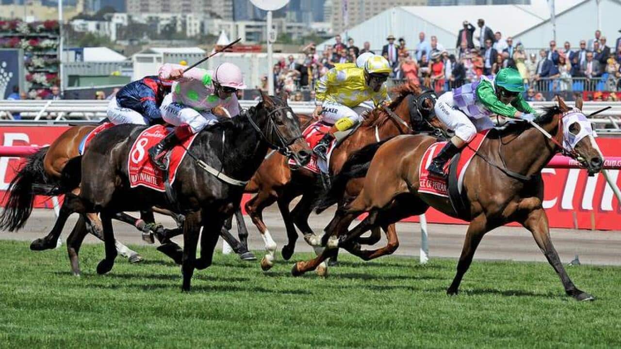 Jockey Michelle Payne riding Prince Of Penzance crosses the finish line to win the 2015 Melbourne Cup (AAP)