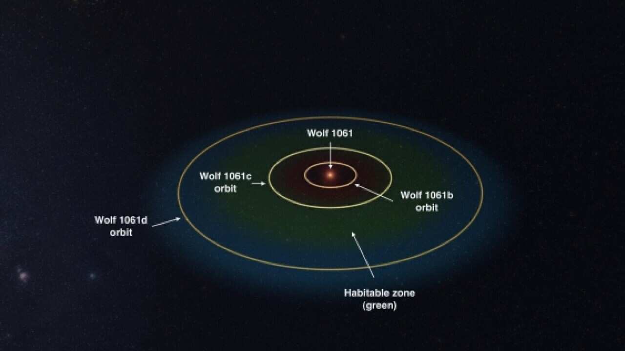 Wolf 1061 and its orbiting planets. The habitable zone is shaded green. Image supplied.