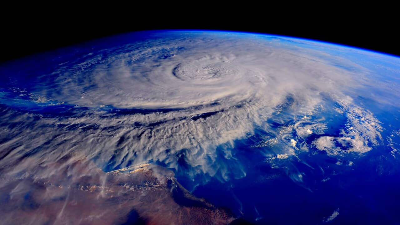 This satellite image captured a tropical cyclone off the coast of Oman. remote Yemeni island of Socotra as it moved toward the Yemeni mainland, local security officials said. (Scott Kelly, NASA via AP)