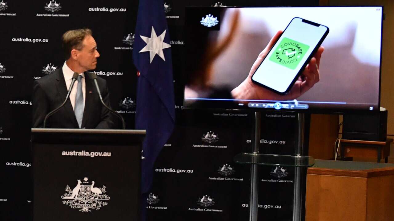 Minister for Health Greg Hunt at a press conference to launch the new government app "CovidSafe" at Parliament House in Canberra, Sunday, April 26, 2020. (AAP Image/Mick Tsikas) NO ARCHIVING