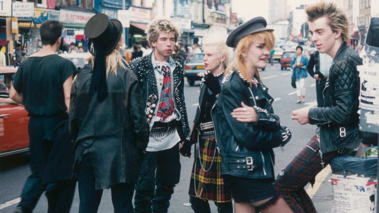 A group opf punks loitering on the road in Camden, London. Photograph by Shirley Baker *EDITORIAL USE ONLY - PICTURE MUST ONLY BE REPRODUCED IN RELATION TO ITS ORIGINAL CONTEXT / SUBJECT MATTER* Date: 1986