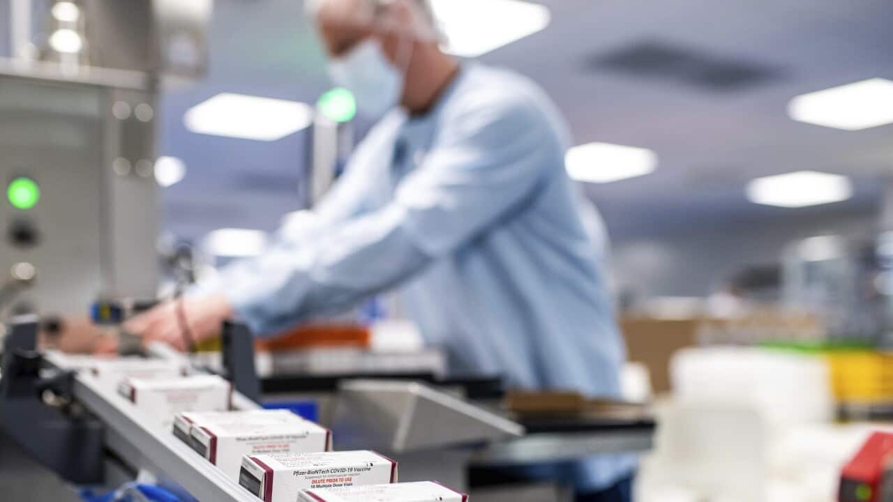 This May 2022 photo provided by Pfizer shows production of the Pfizer's COVID-19 vaccine for children under 5 in Puurs, Belgium