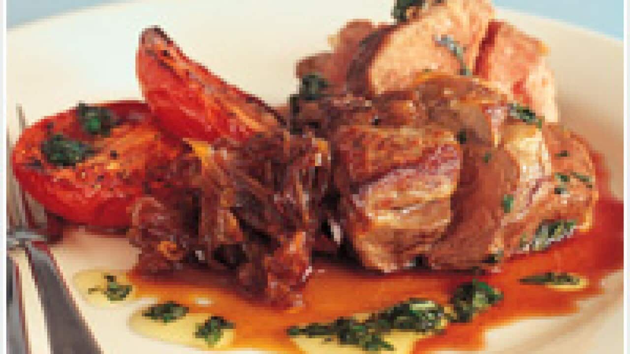 Roast lamb rump with tomatoes, red onion jam and basil oil