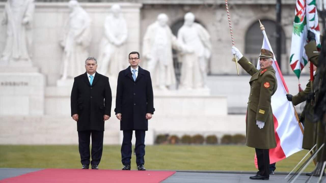 Polish Prime Minister Mateusz Morawiecki (R) and his Hungarian counterpart Viktor Orban in Budapest for talks