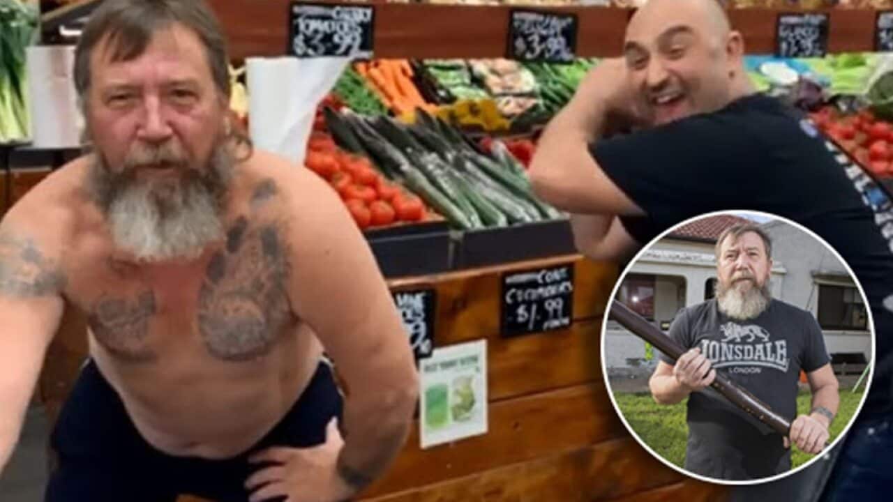 Kym "Didgeridoo Man" Abrook and St Bernards Fruit and Veg Market owner John Kapiris. Inset: Kym Abrook with his didgeridoo at his Fulham Gardens home.