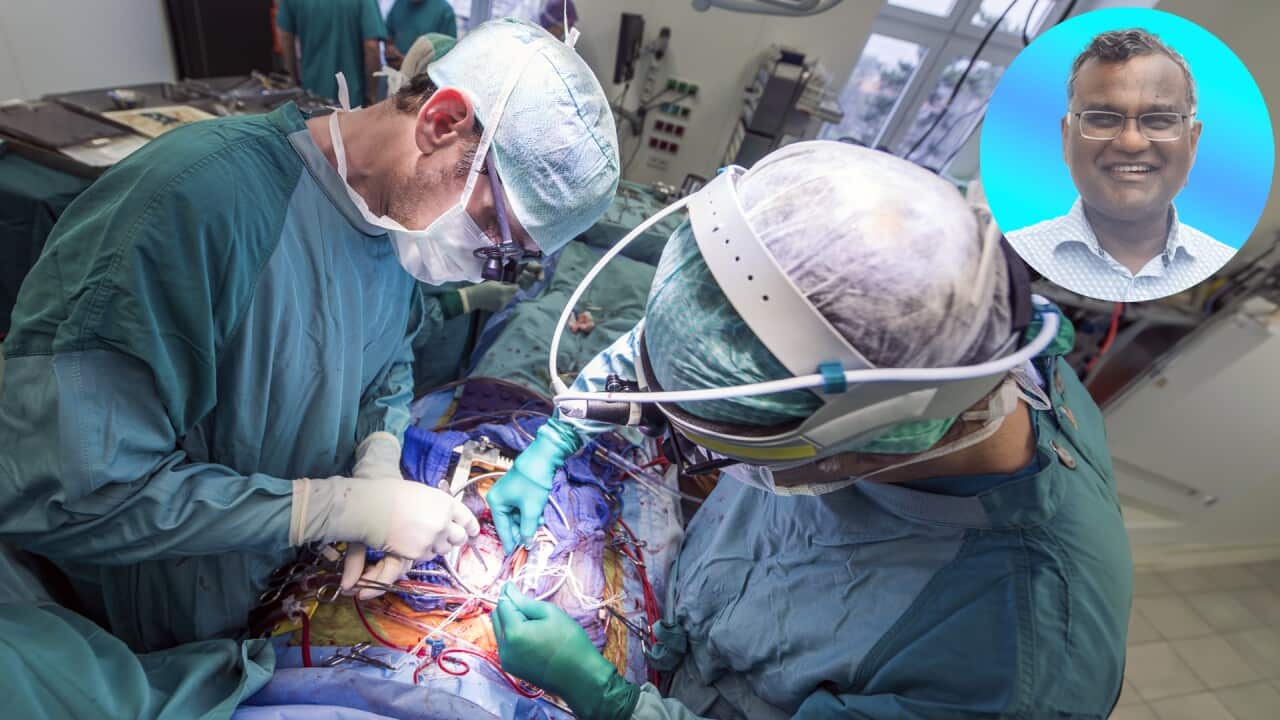 Heart surgeons during a heart valve operation; Inset: Dr Logan B Kanagaratnam