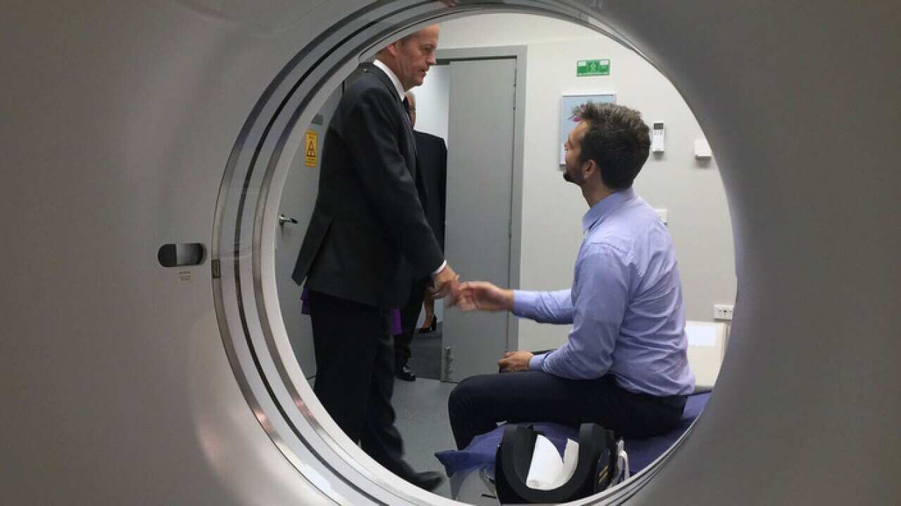 Federal opposition leader Bill Shorten visits a radiology clinic in Melbourne.