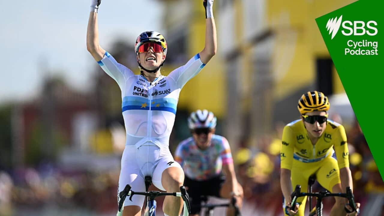 BELLEVILLE-EN-BEAUJOLAIS, FRANCE - AUGUST 05: (L-R) Demi Vollering of Netherlands and Team FDJ United - SUEZ celebrates at finish line as stage winner ahead of Marlen Reusser of Switzerland and Team Movistar - Yellow Leader Jersey during the 5th Tour de France Femmes 2026, Stage 5 a 140km stage from Macon to Belleville-en-Beaujolais / #UCIWWT / on August 05, 2026 in Belleville-en-Beaujolais, France. (Photo by Tim de Waele/Getty Images