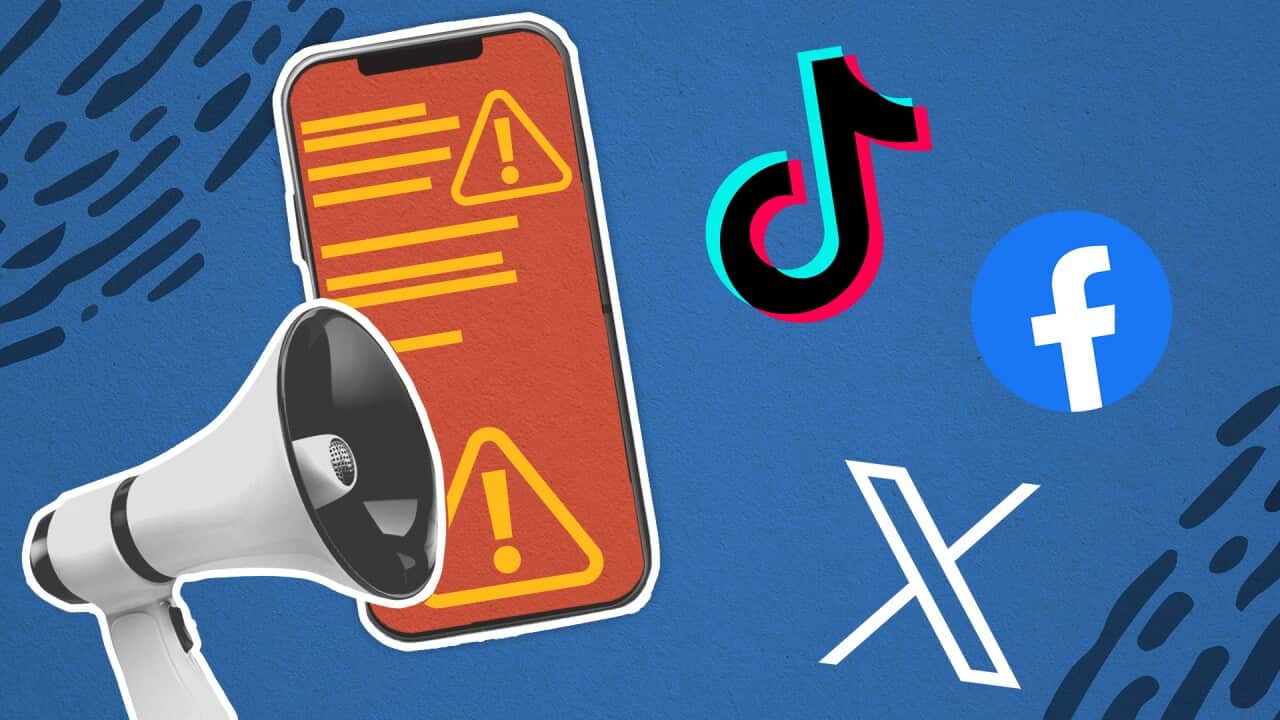 An artwork showing a megaphone, a mobile phone and logos of the major social media platforms.